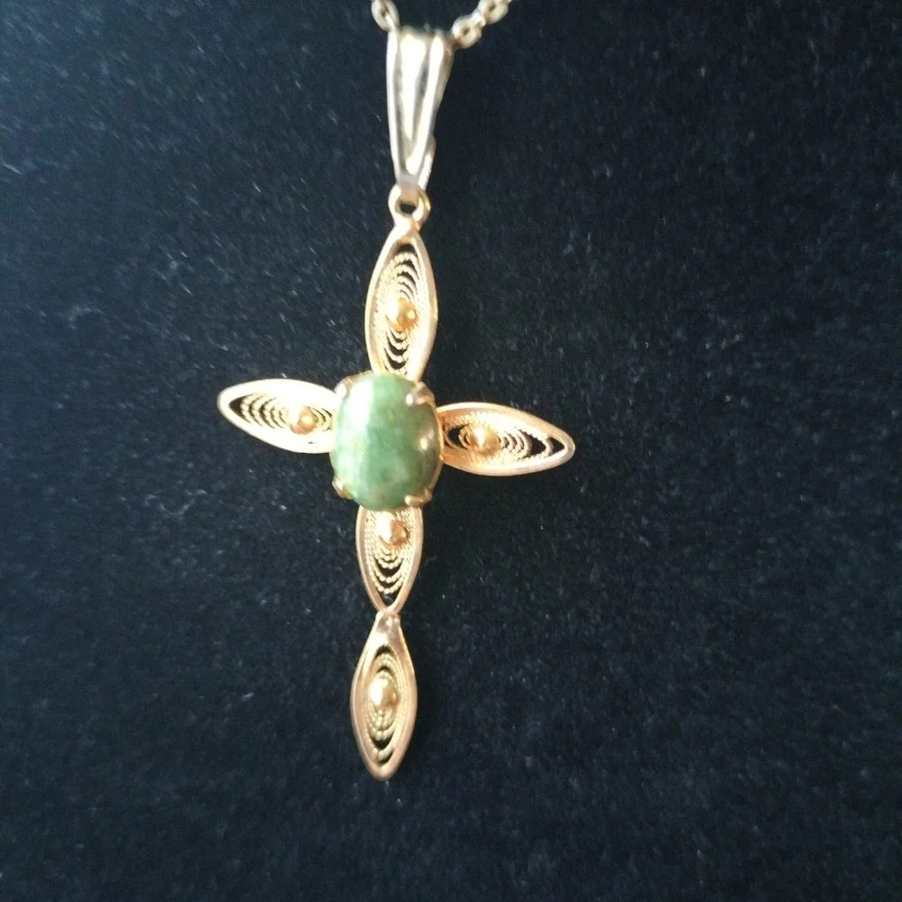 12 K GF gold filigree cross with green Jade stone 2 X 1